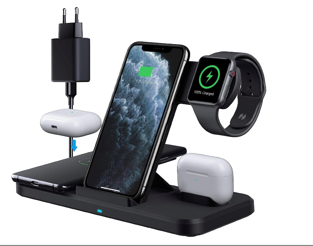 4-in-1 Wireless Charging Station - 15W Fast Charger with Adapter