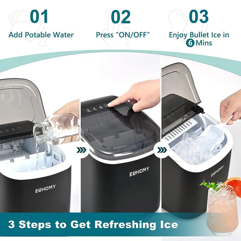 Portable Ice Maker: 26Lbs/24Hrs, 9 Ice Cubes in 6 Mins, Auto-Cleaning with Basket & Scoop