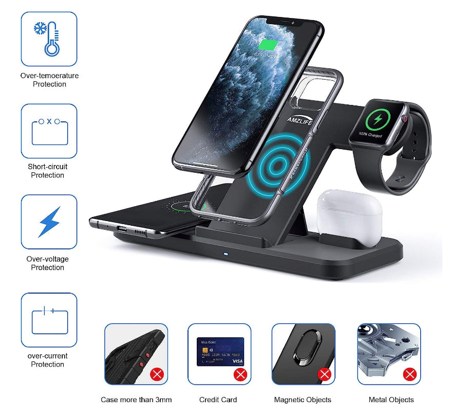 4-in-1 Wireless Charging Station - 15W Fast Charger with Adapter