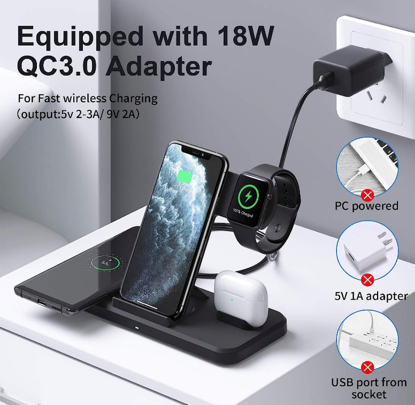 4-in-1 Wireless Charging Station - 15W Fast Charger with Adapter