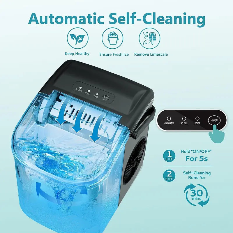 Portable Ice Maker: 26Lbs/24Hrs, 9 Ice Cubes in 6 Mins, Auto-Cleaning with Basket & Scoop