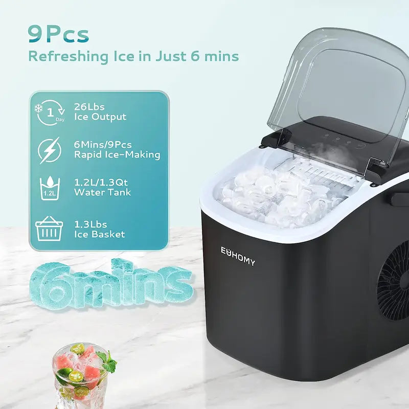 Portable Ice Maker: 26Lbs/24Hrs, 9 Ice Cubes in 6 Mins, Auto-Cleaning with Basket & Scoop