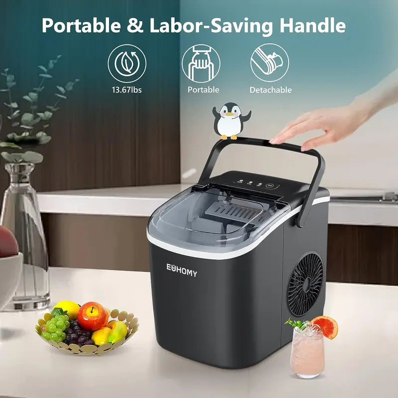 Portable Ice Maker: 26Lbs/24Hrs, 9 Ice Cubes in 6 Mins, Auto-Cleaning with Basket & Scoop